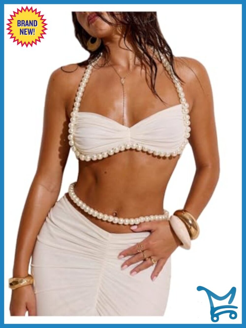 Women's Pearl Beaded Halter Crop Top Y2K Tie Back Sleeveless Cami